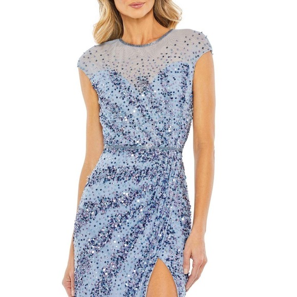 Mac Duggal Embellished Illusion High Neck Cap Sleeve Gown French Blue Size 8 NWT - Picture 3 of 10